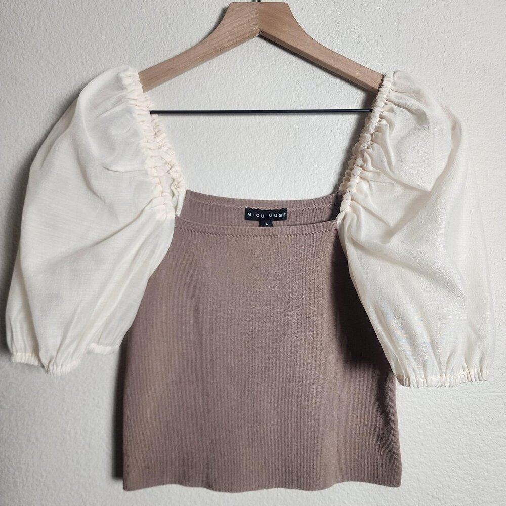Miou Muse Blouse Womens Large Brown Cream Puff Sleeve Square Neck Cropped Top